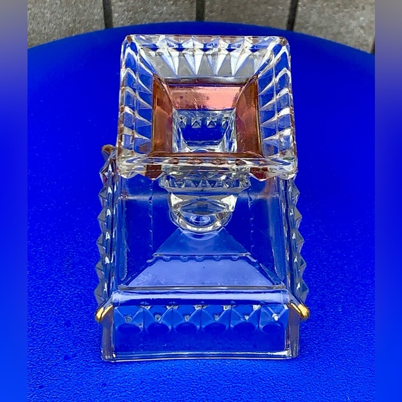 Mid Century Vtg Jeanette Gold Trim Cut Glass Pedestal Wedding Bowl Candy Dish - Picture 15 of 16